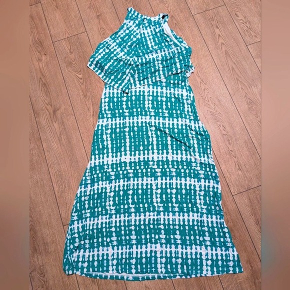 Chicos 2 Large 12 Halter Maxi Dress Long Aqua Blue Print Vacation Summer Trendy - Picture 5 of 6